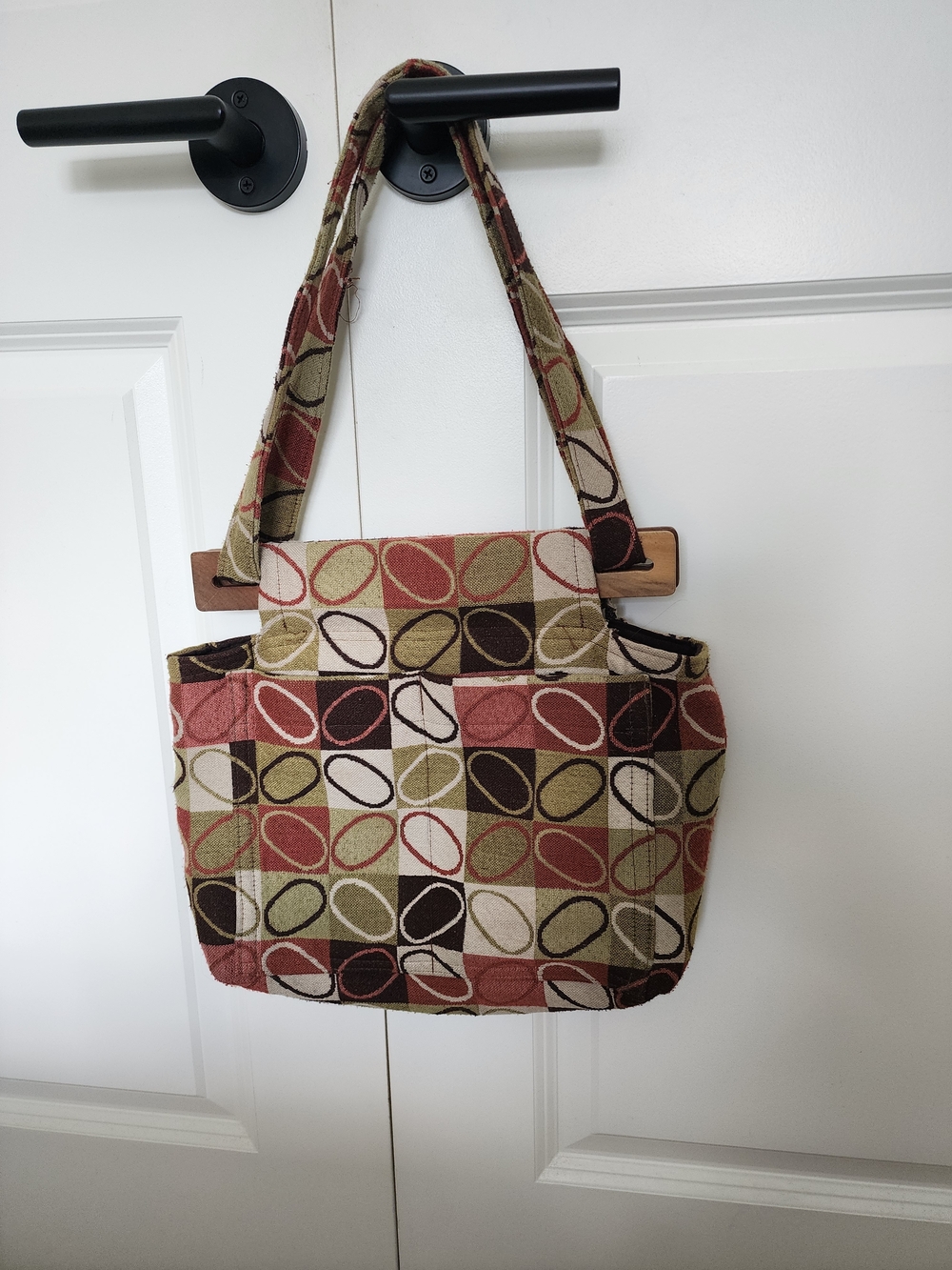 Retro Geometric Tote Bag Wood Handles Mid Century Style Fabric Purse